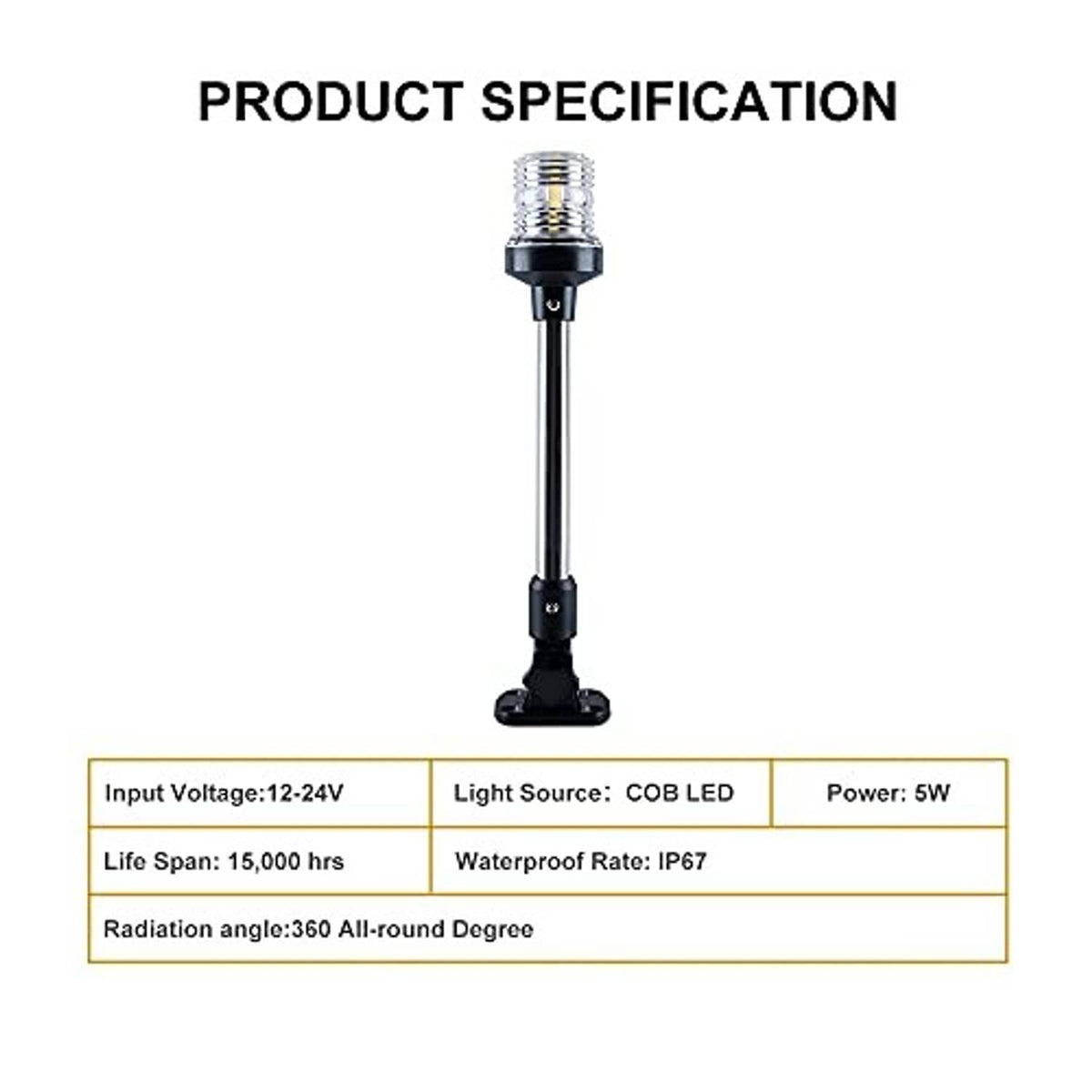 LED boat stern light upright with clear top lens, chrome pole, and black base