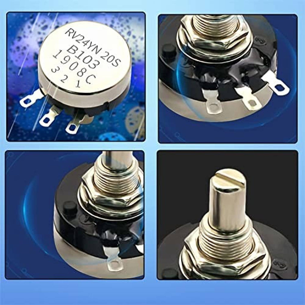 Rotary potentiometer close-up: black base with silver threaded shaft and metal terminals.