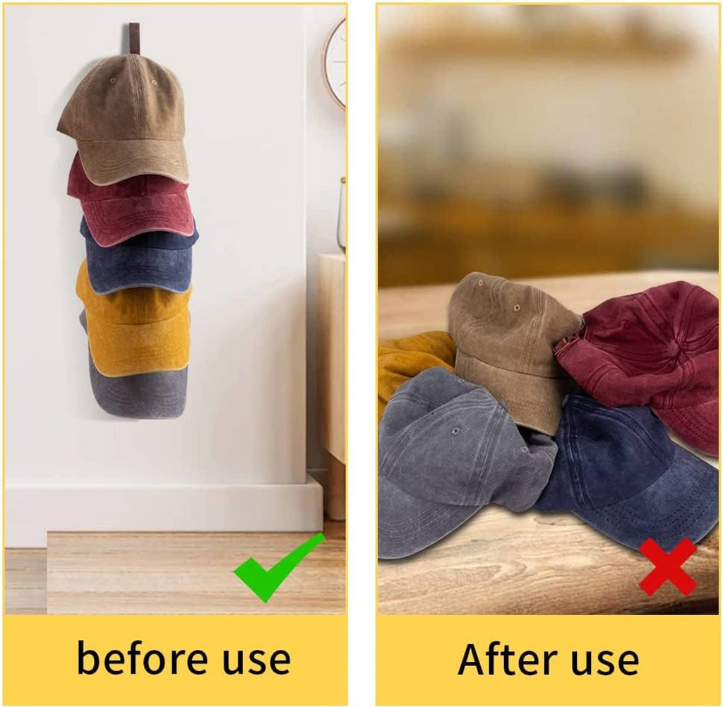 Wall-mounted hat organizer showing baseball caps hanging neatly on curved hooks