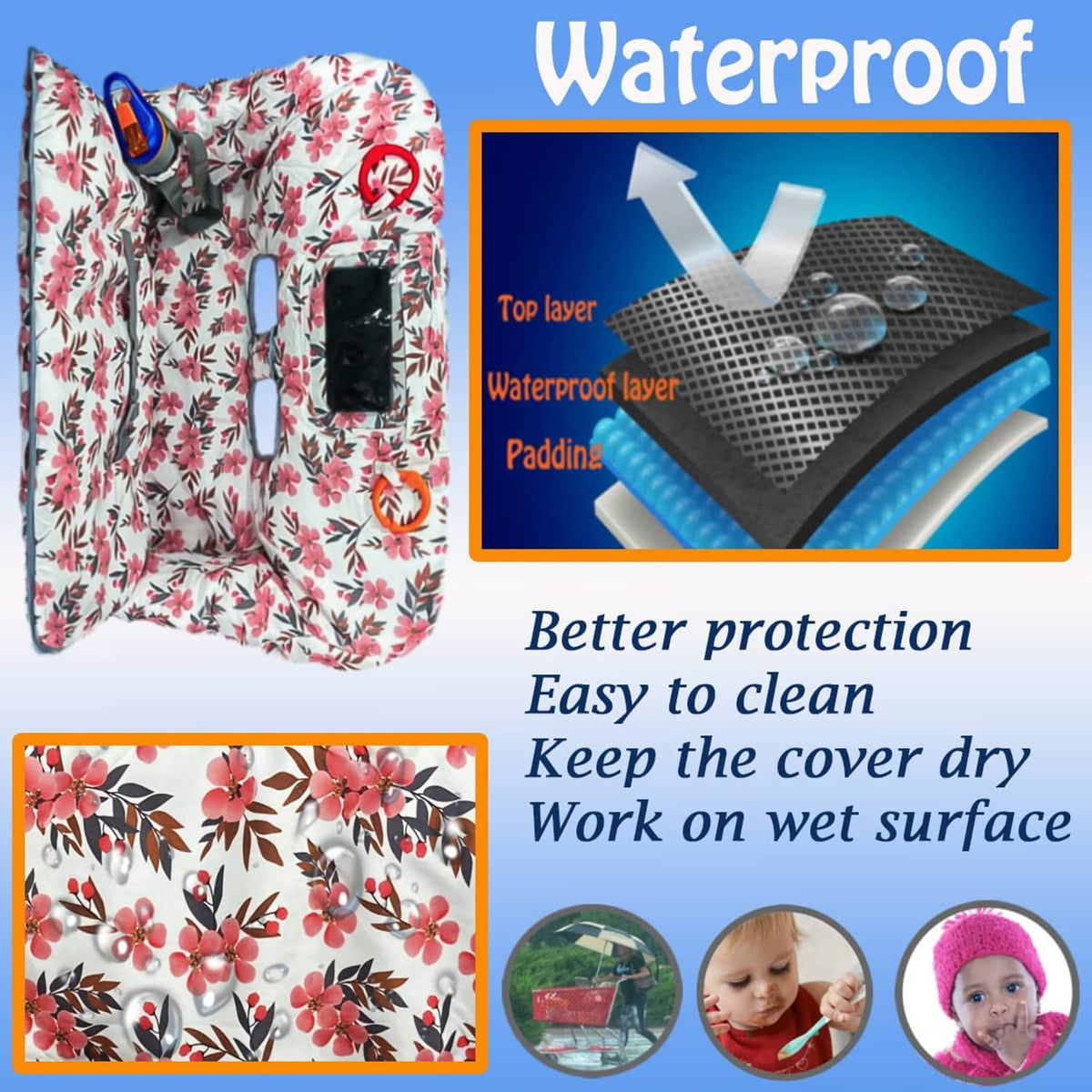Floral shopping cart cover for baby with waterproof padding and front pocket opening