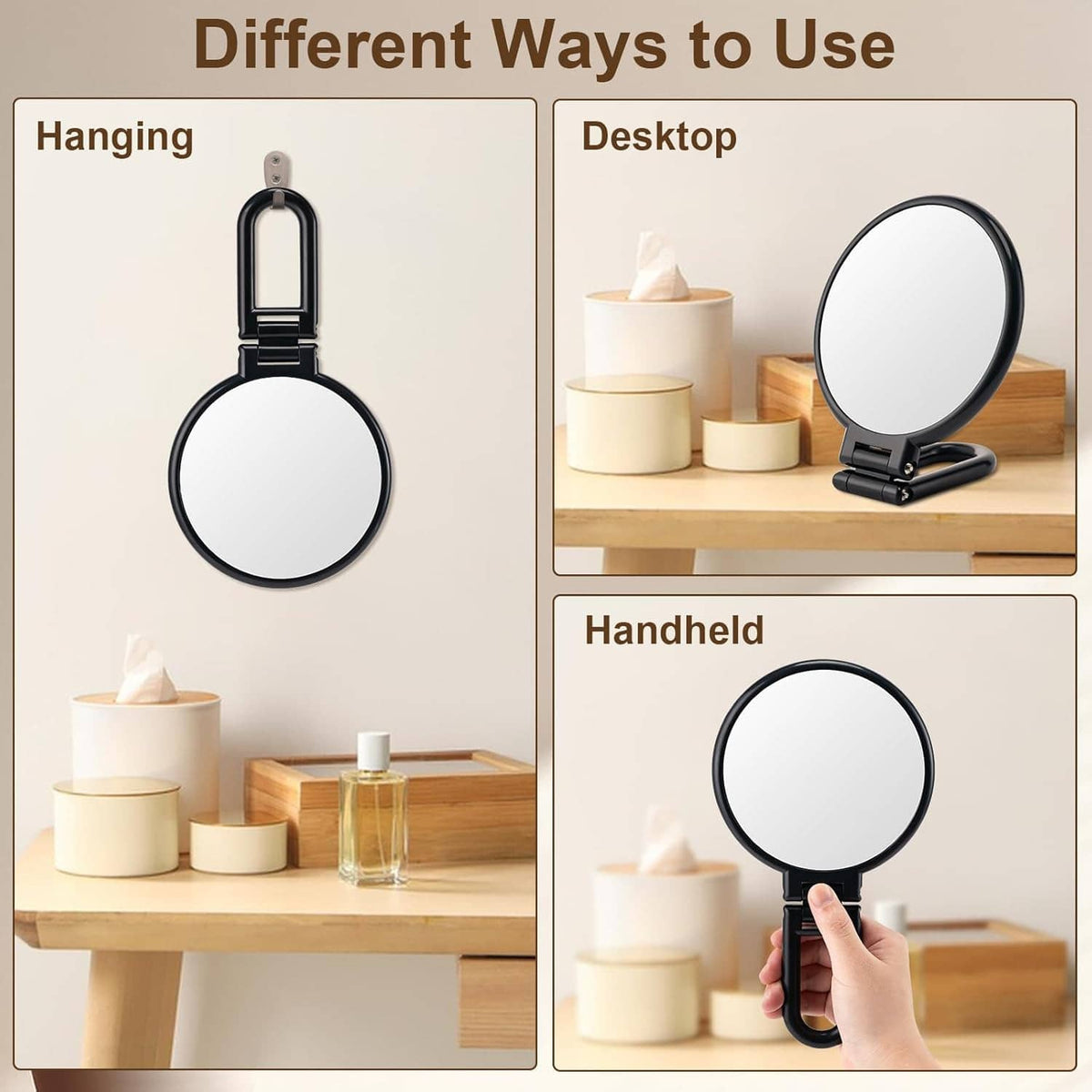 Black portable round handheld mirror with foldable base for desk or travel carry