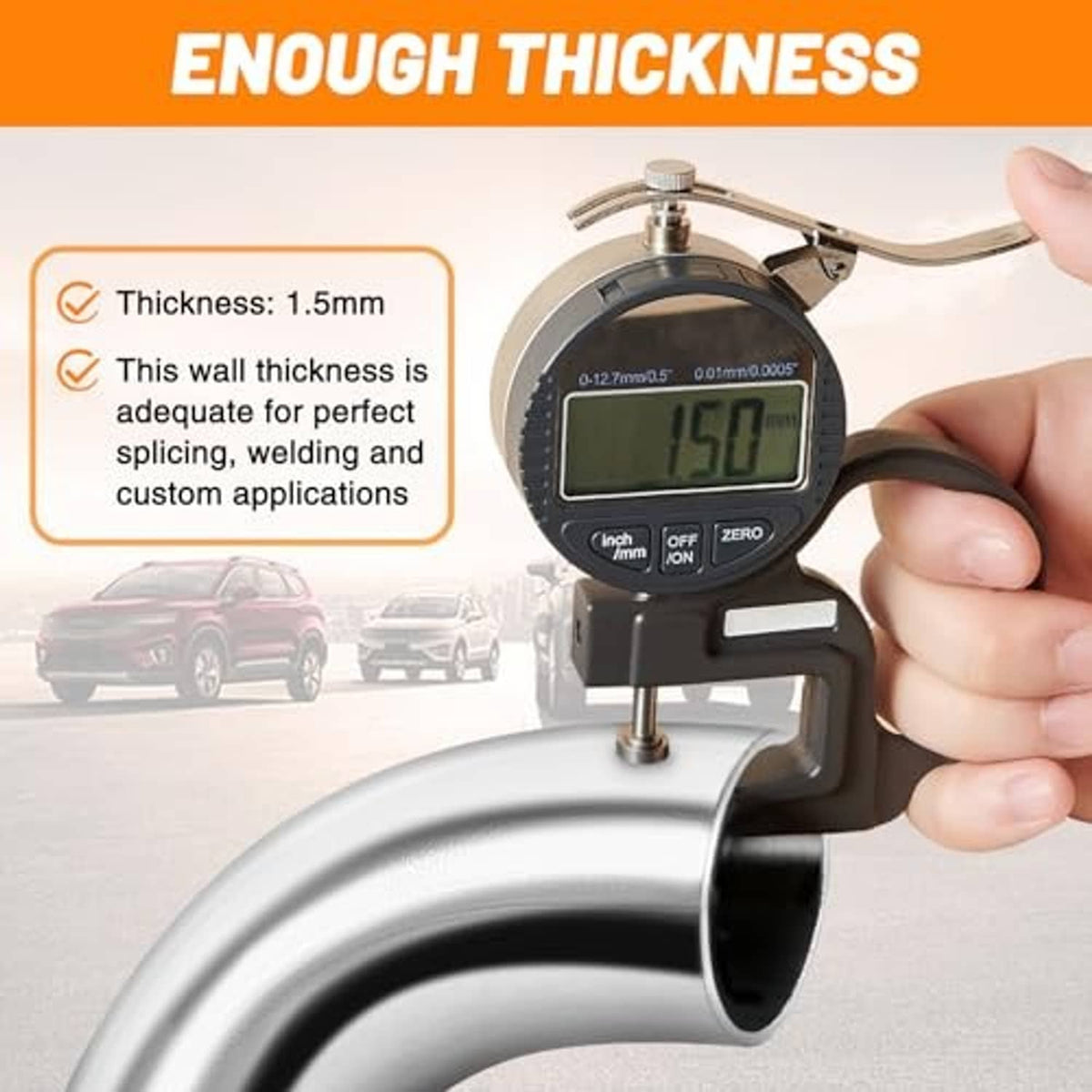 Stainless steel 90-degree elbow pipe with measured wall thickness around 1.5 mm.
