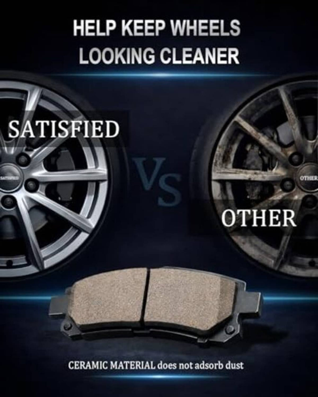 Brake pads that help keep wheels looking cleaner, with ceramic dust-reduction inset