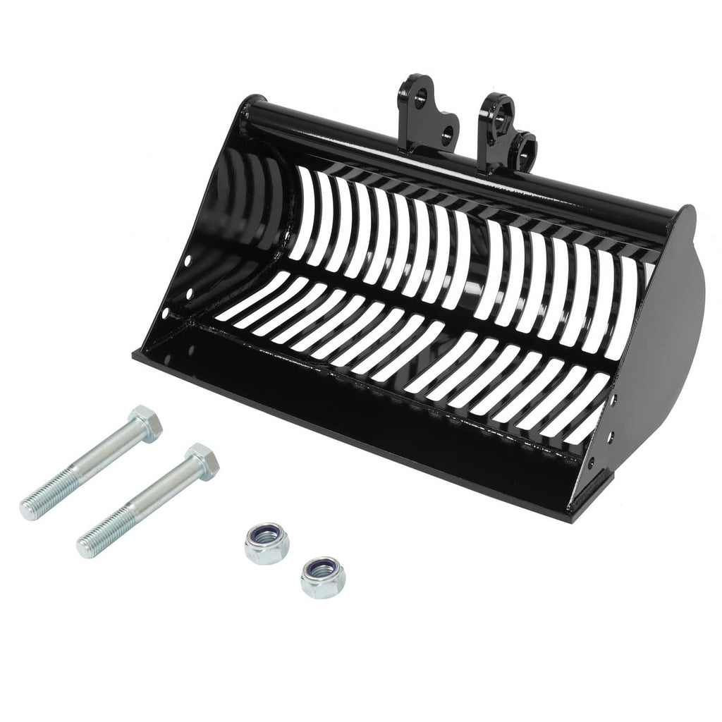 Black screening skeleton mud bucket attachment with ridged drum and mounting plates