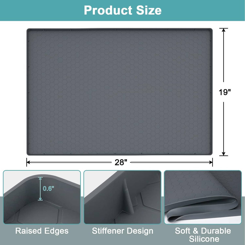 Gray silicone under-sink mat, 28 x 19 in, with raised edges and stiffener