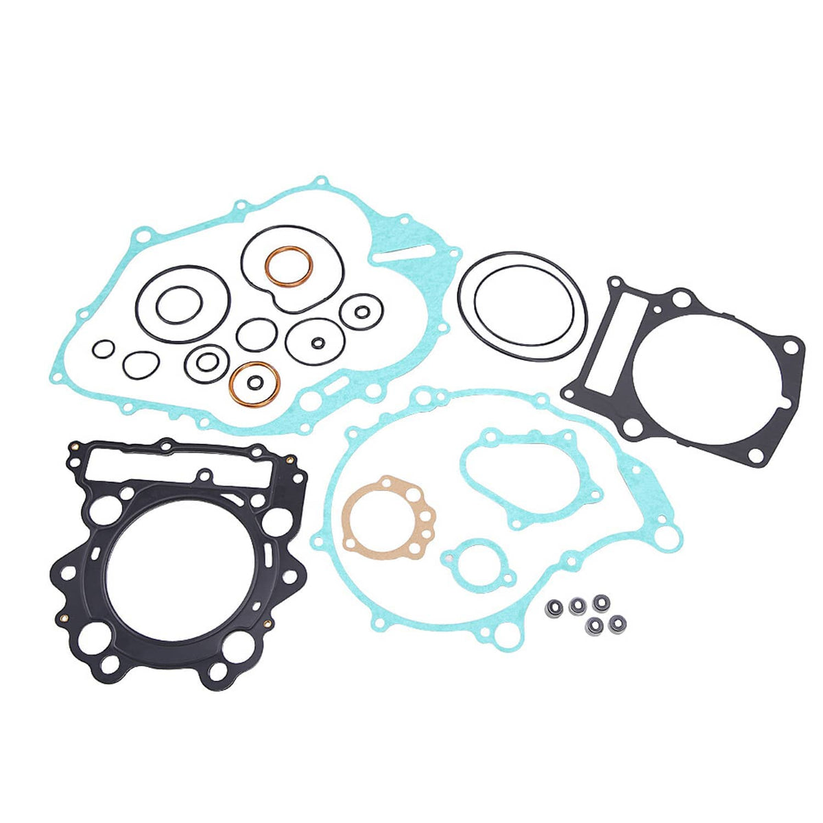 Top and bottom end gasket kit with mixed gaskets, black plates, and piston-ring style seals