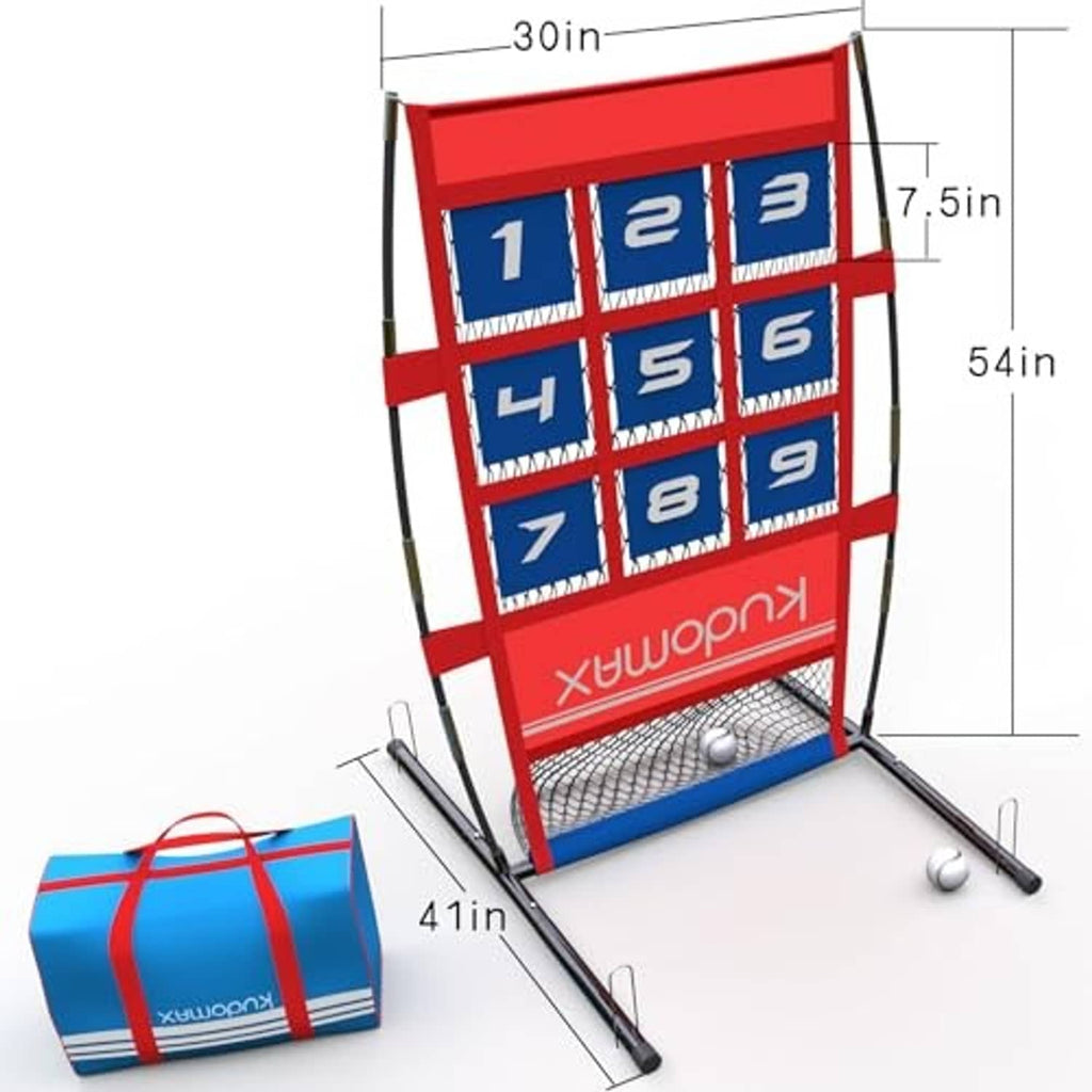 Red-and-blue pitching target net with numbered 1–9 pockets, mesh lower section, poles