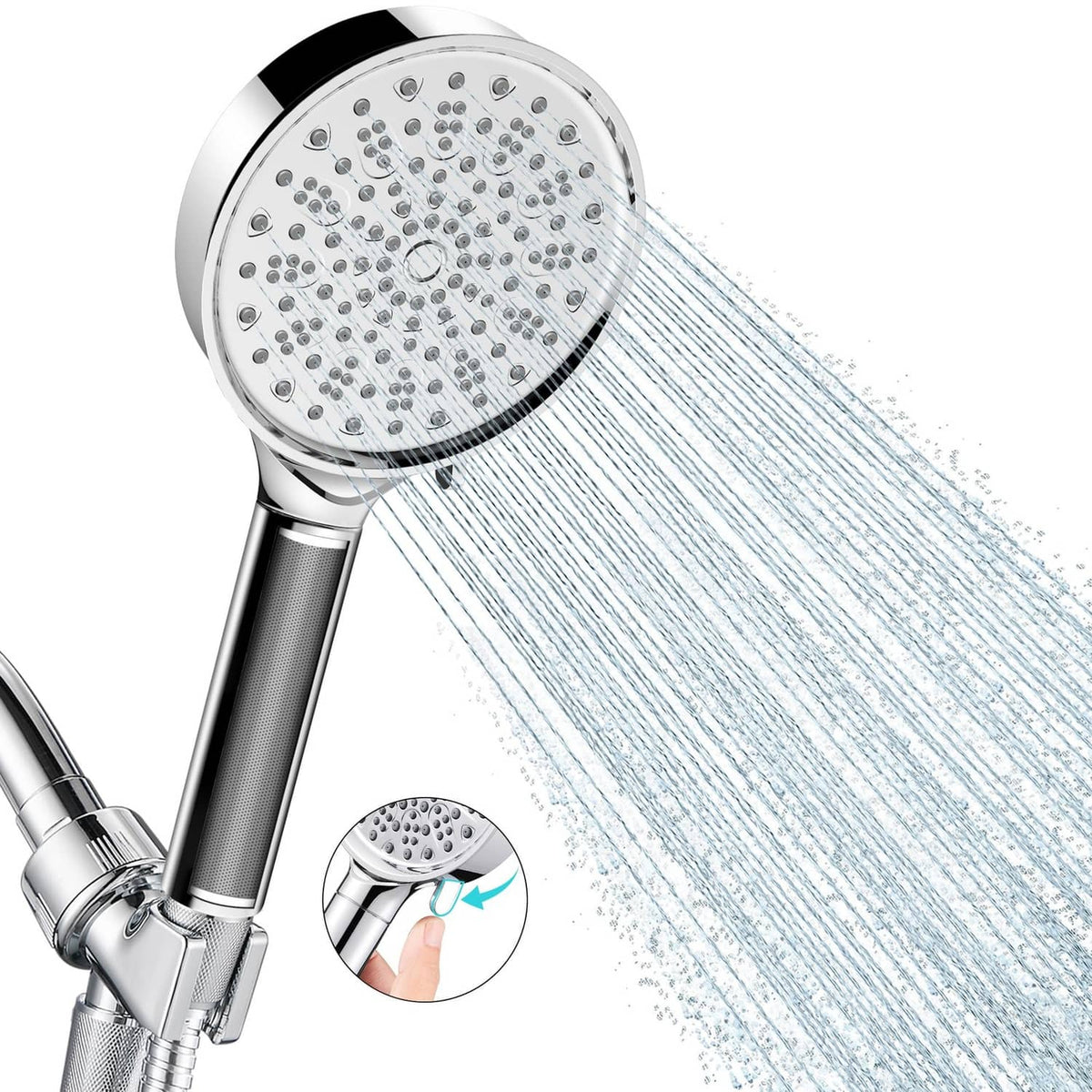 Chrome handheld filtered shower head with round spray face and visible spray jets