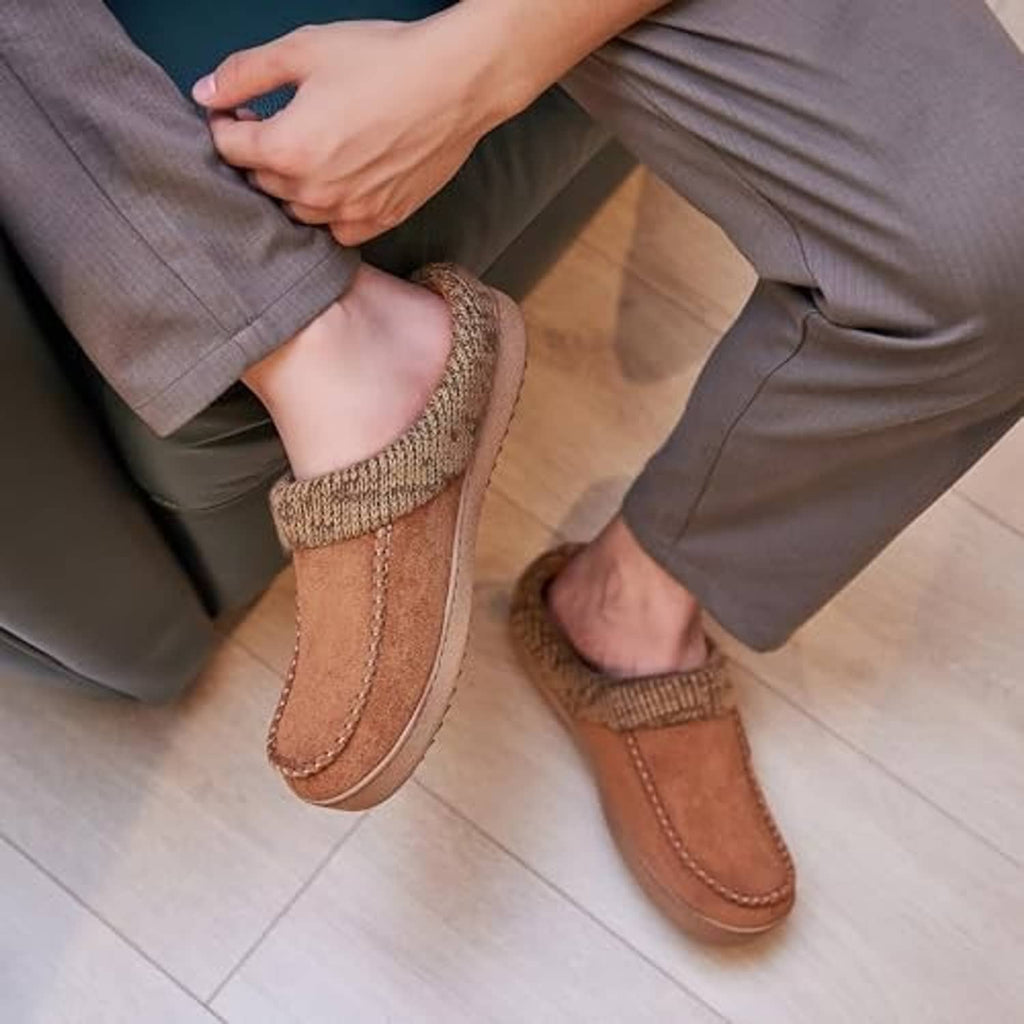 Brown men's moccasin slipper clogs worn indoors, knit cuff and stitched suede upper