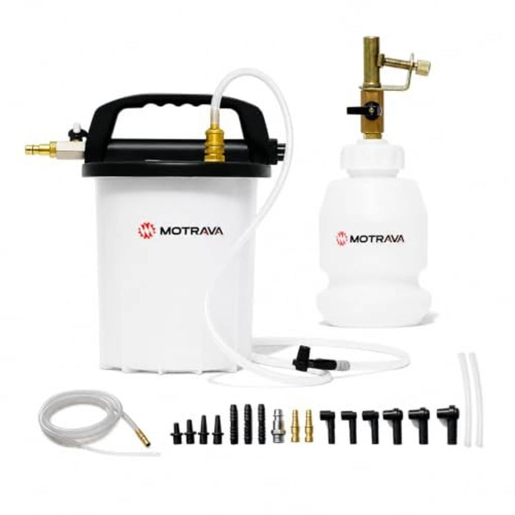 3L vacuum brake bleeder kit with white 1L bottle, hose, and adapter fittings