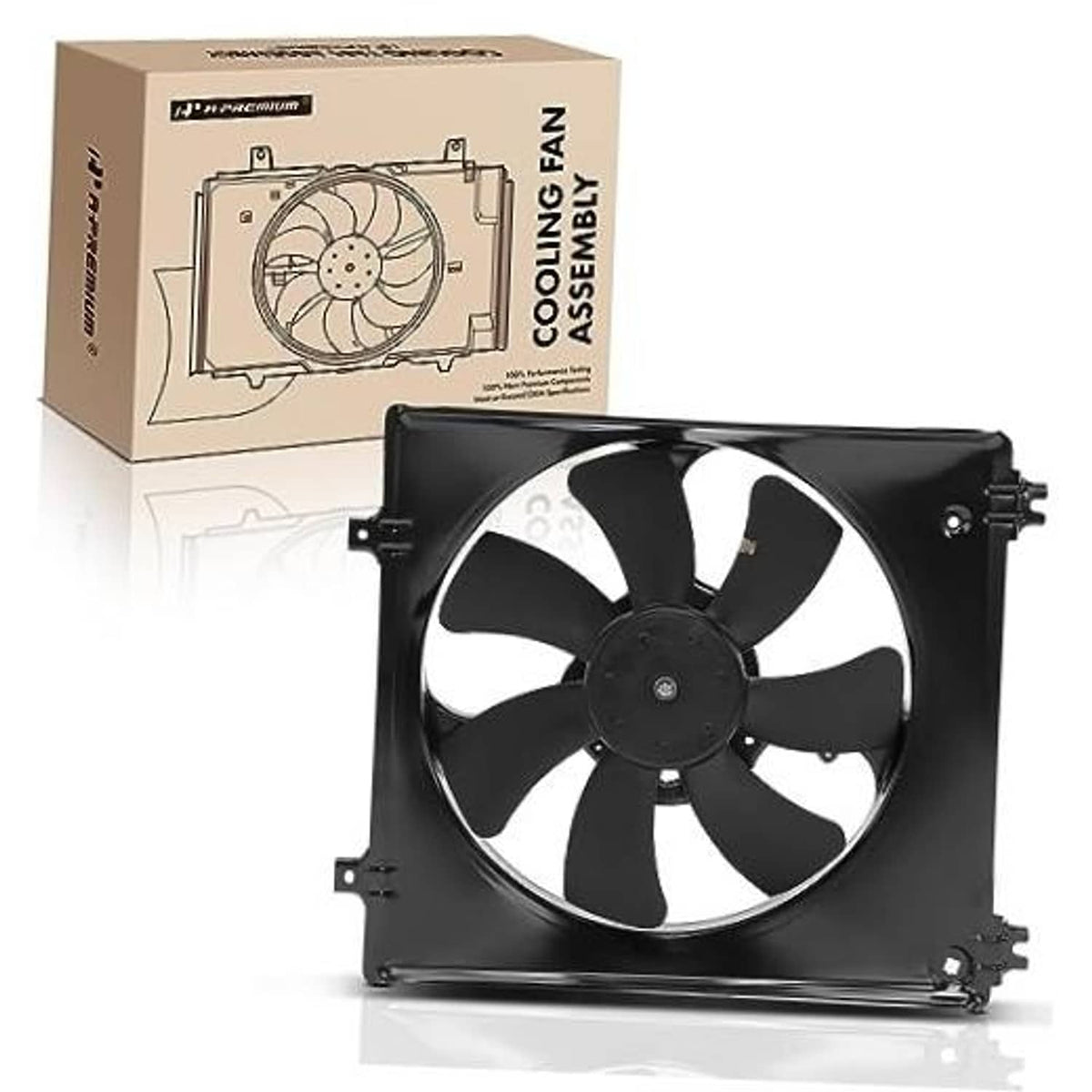 Black radiator cooling fan assembly with circular shroud and five blades