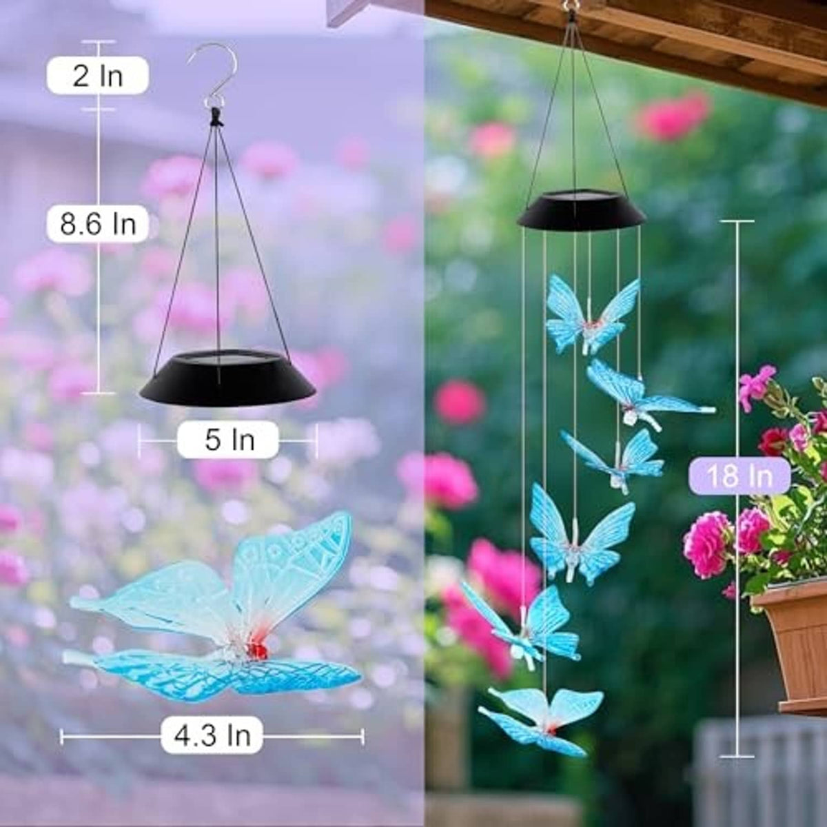 Solar butterfly wind chime with hanging LED butterfly ornaments and black top