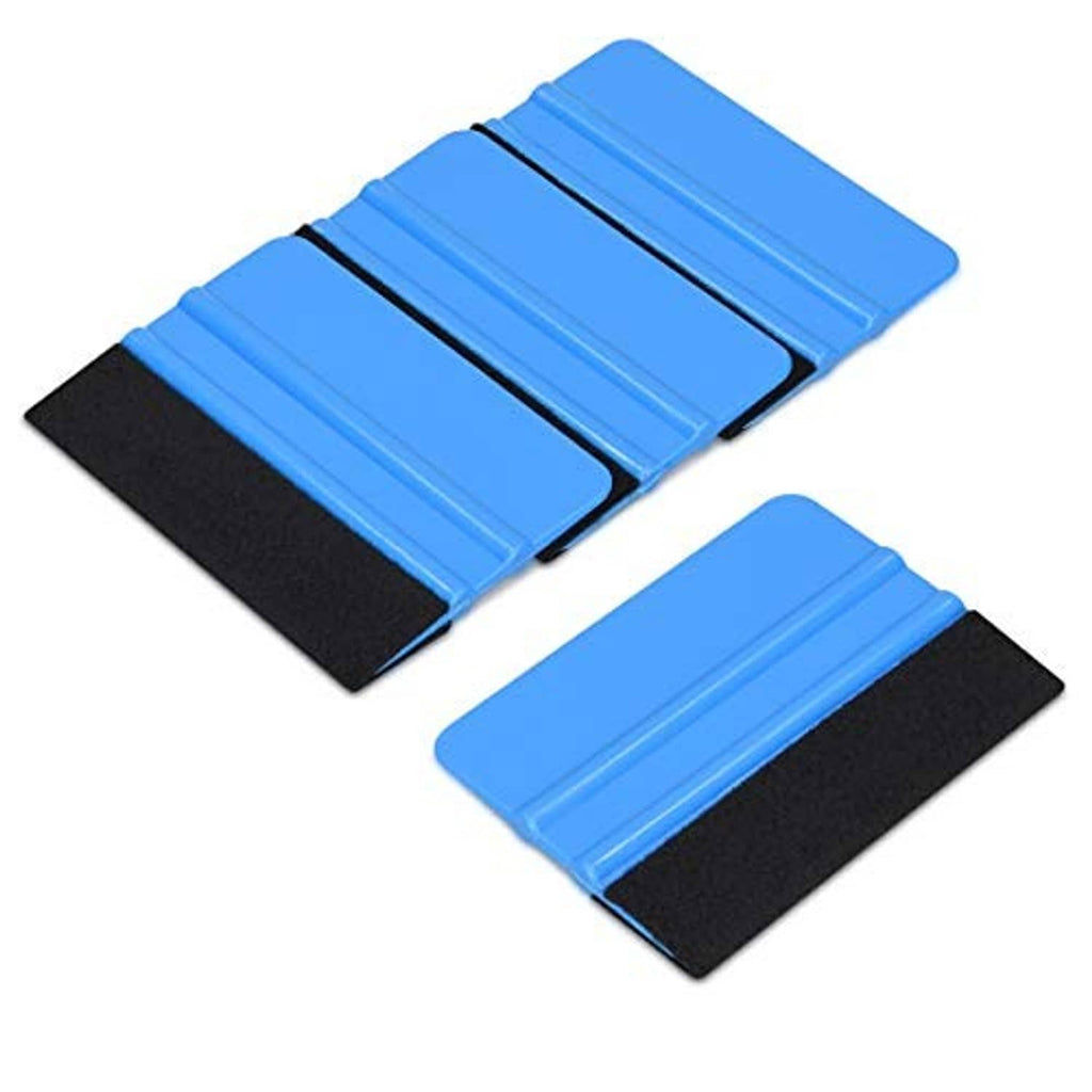 Multiple plastic felt edge squeegees, blue handles with black felt tips