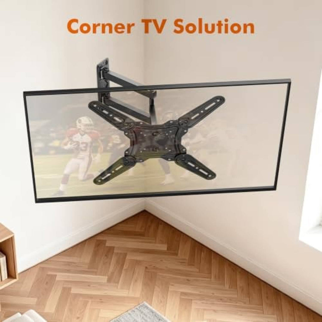 Black corner TV wall mount bracket for low-profile wall installation