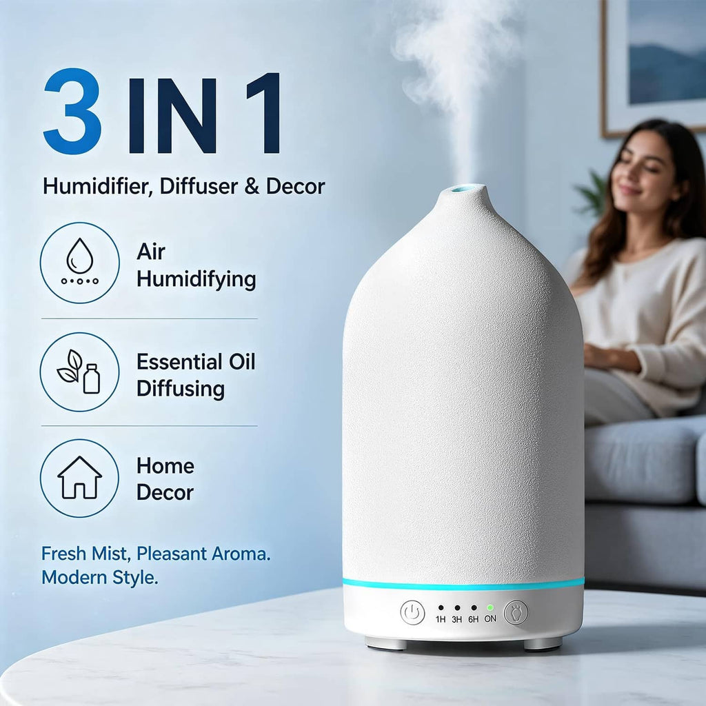 White ceramic essential oil diffuser with blue LED strip, compact base for home use.