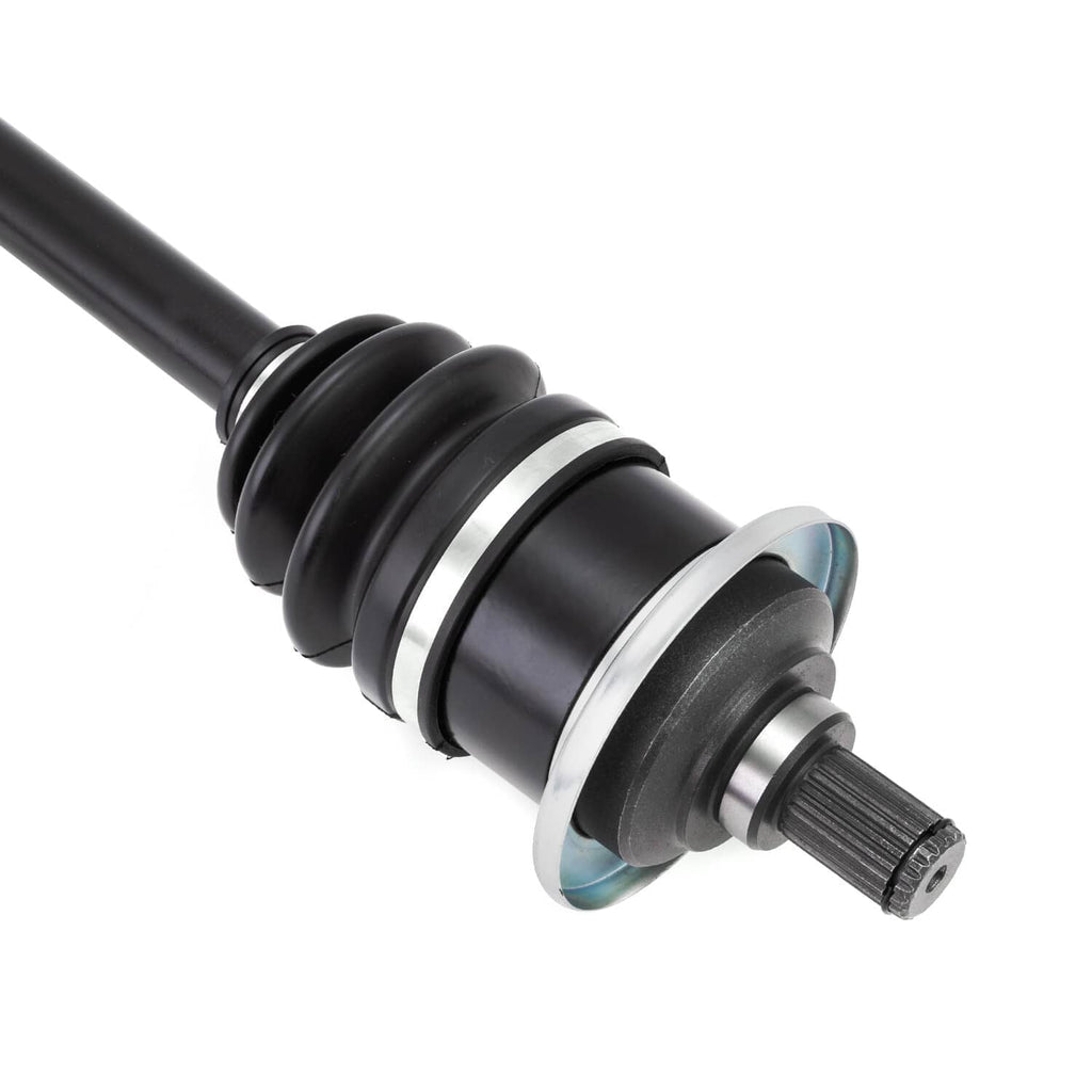 CV axle joint with black boot, blue mounting ring, and splined shaft end for rear axle