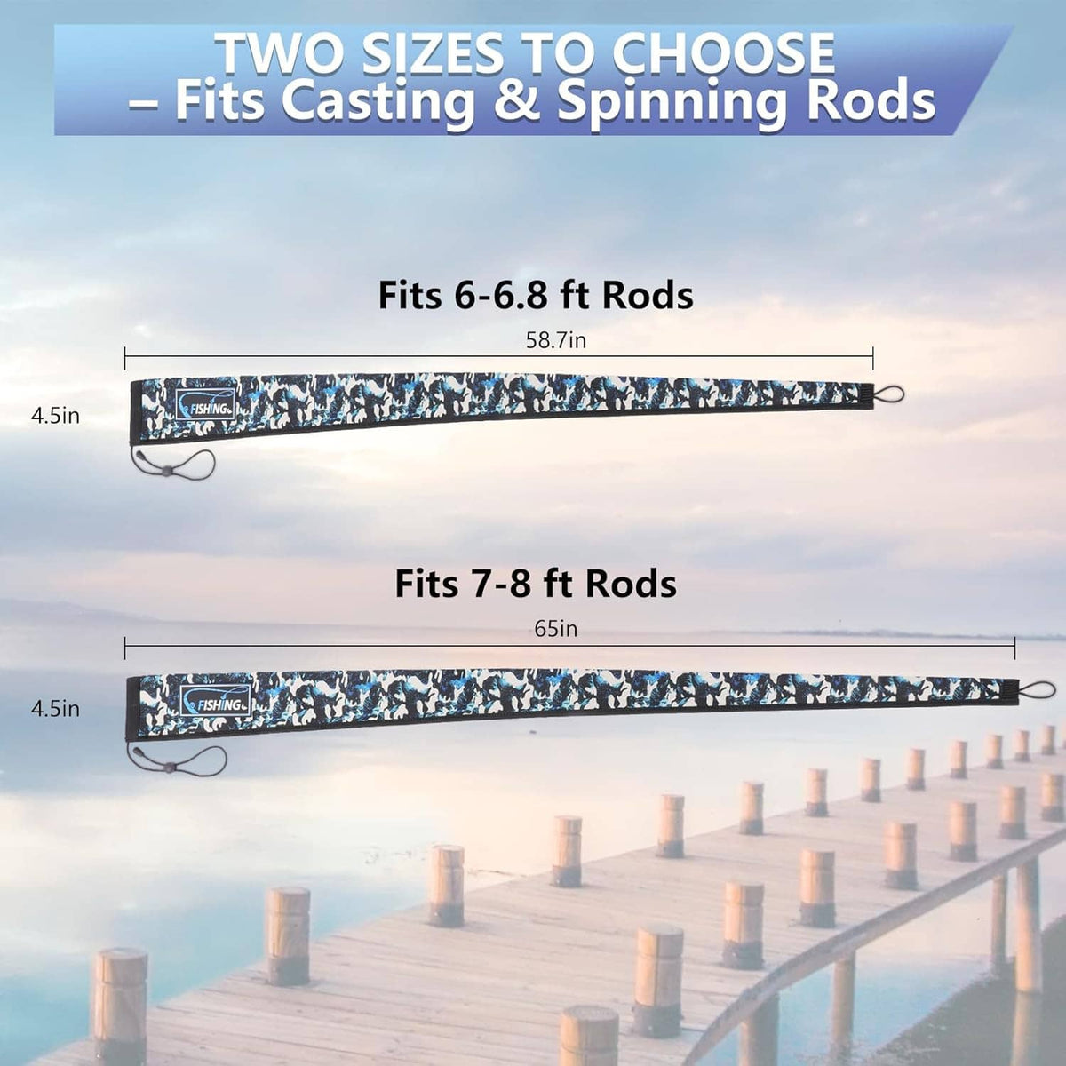 Blue camo fishing rod sleeve laid flat, protective cover for rods