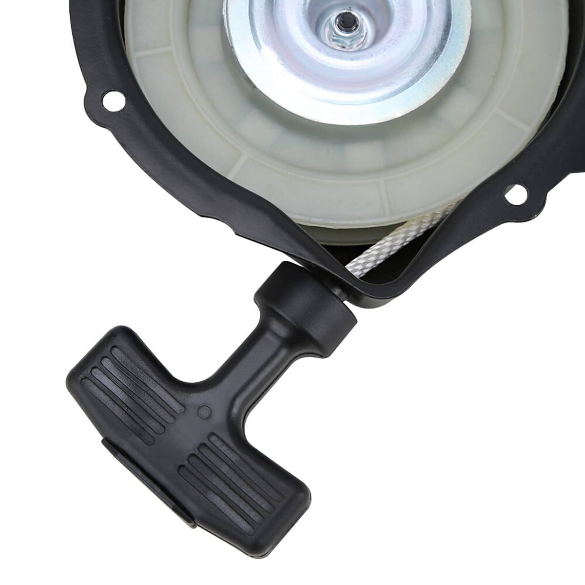 Recoil starter pull start kit close-up of light pulley and black ribbed pull handle