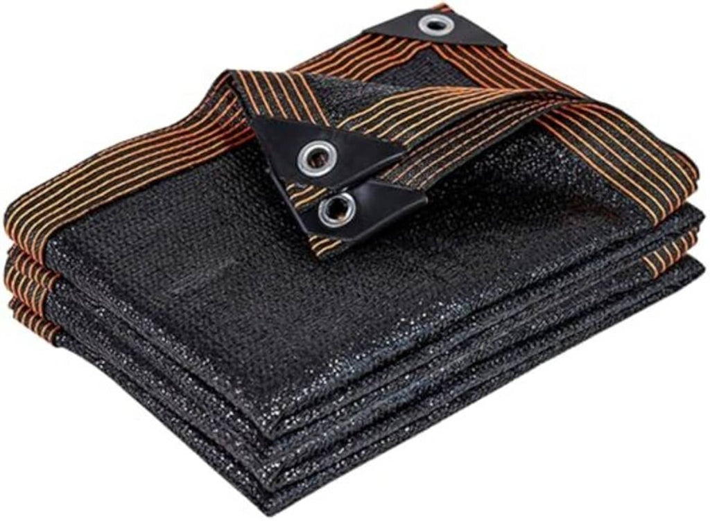 Black mesh shade cloth tarp folded with brown striped trim and metal grommets