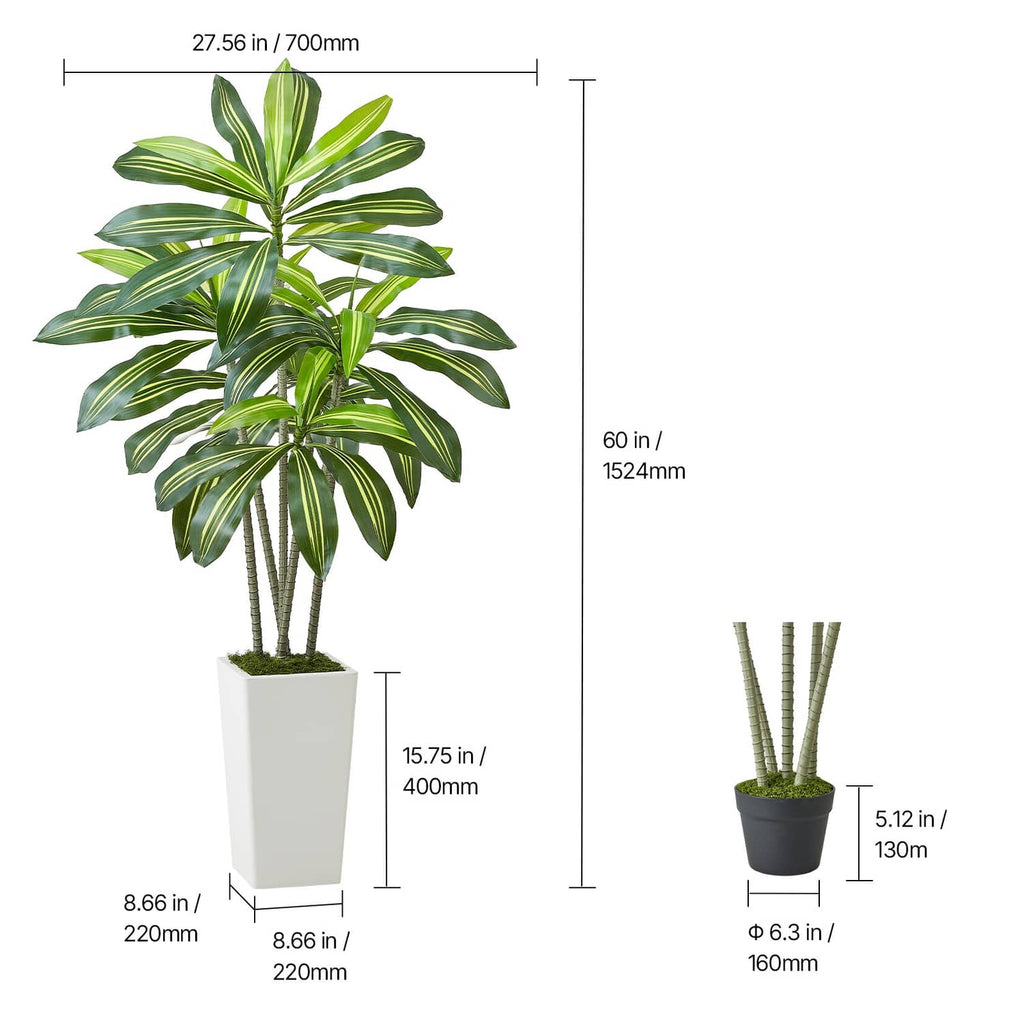 Faux dracaena tree with green leaves in a white pot with a small black base