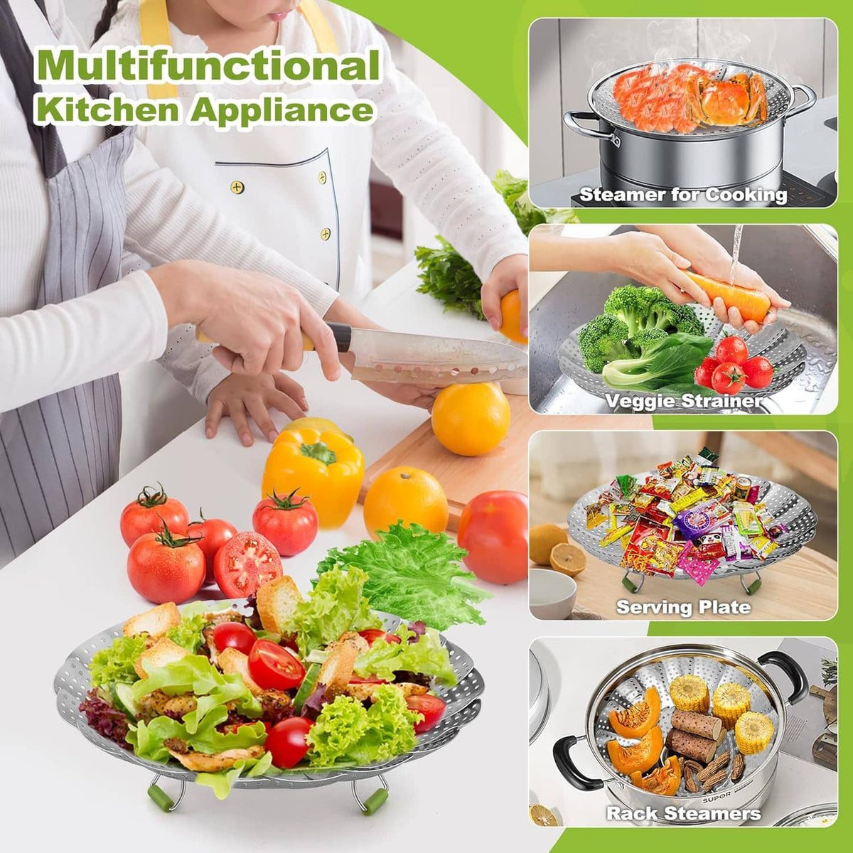 Perforated stainless steel steaming basket with green handles, kitchen cooking insert