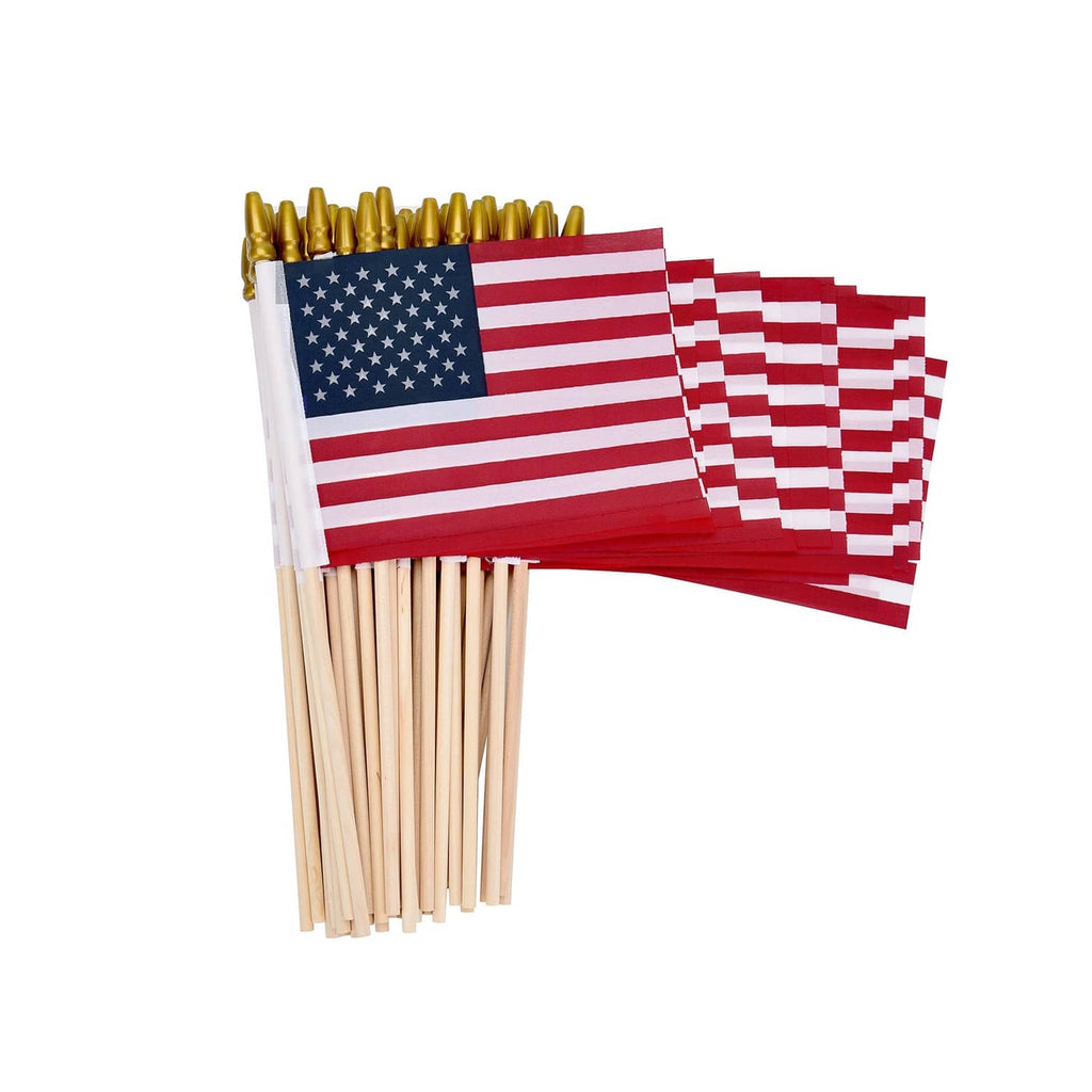 Set of small US flags on wooden sticks, red-and-white stripes with blue star field