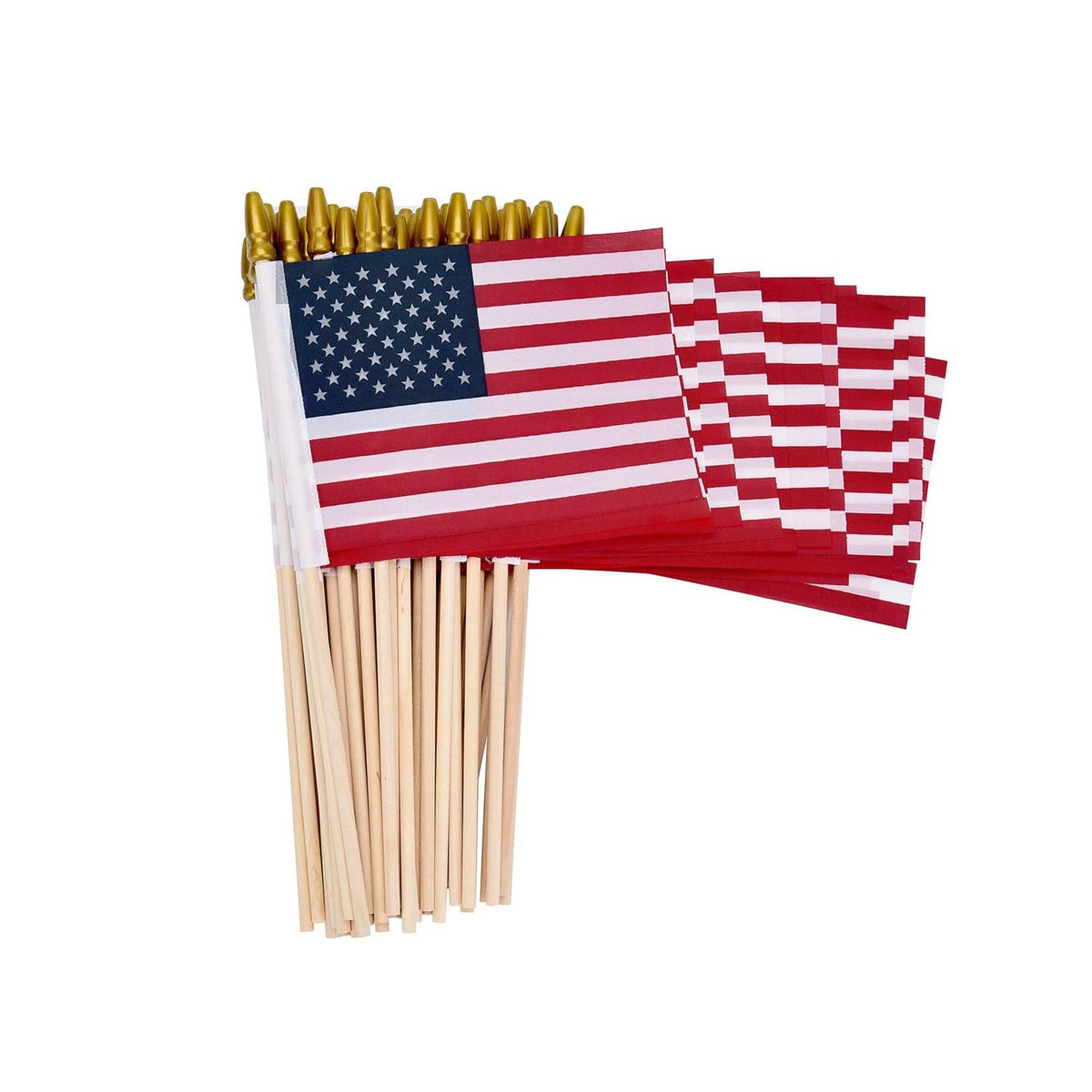Set of small US flags on wooden sticks, red-and-white stripes with blue star field