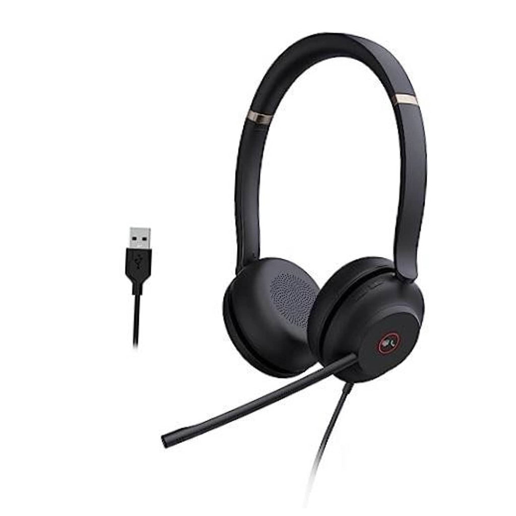 Black USB over-ear headset with boom microphone and USB cable plug