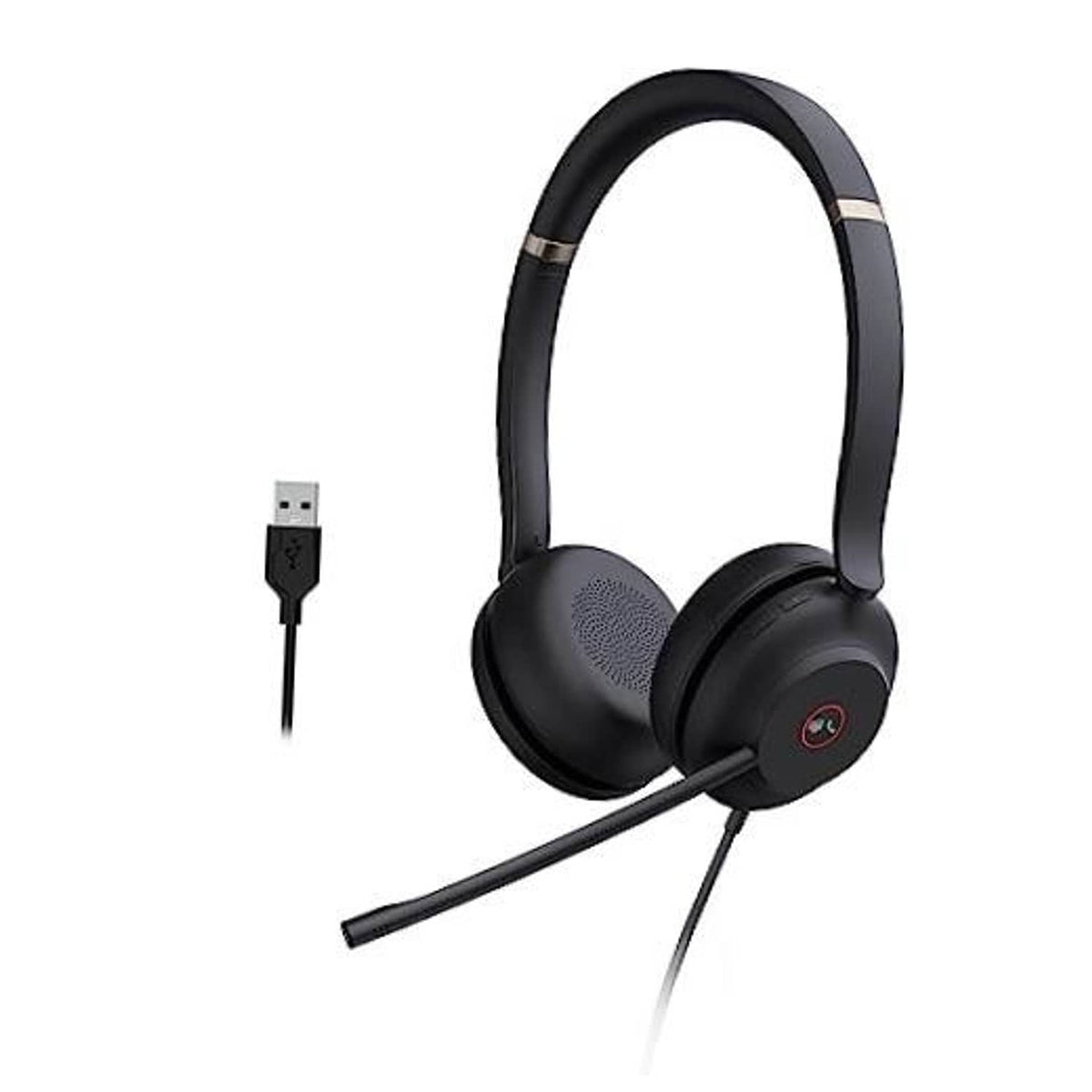Black USB over-ear headset with boom microphone and USB cable plug