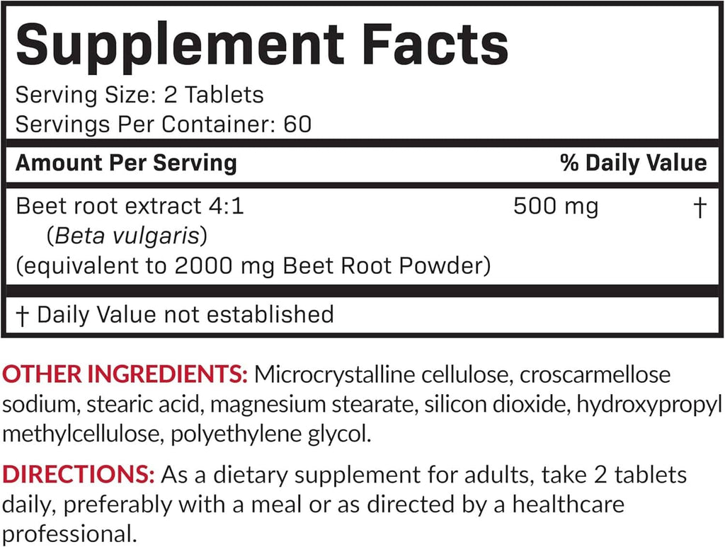 Supplement Facts panel: beet root extract 4:1, 500 mg per serving