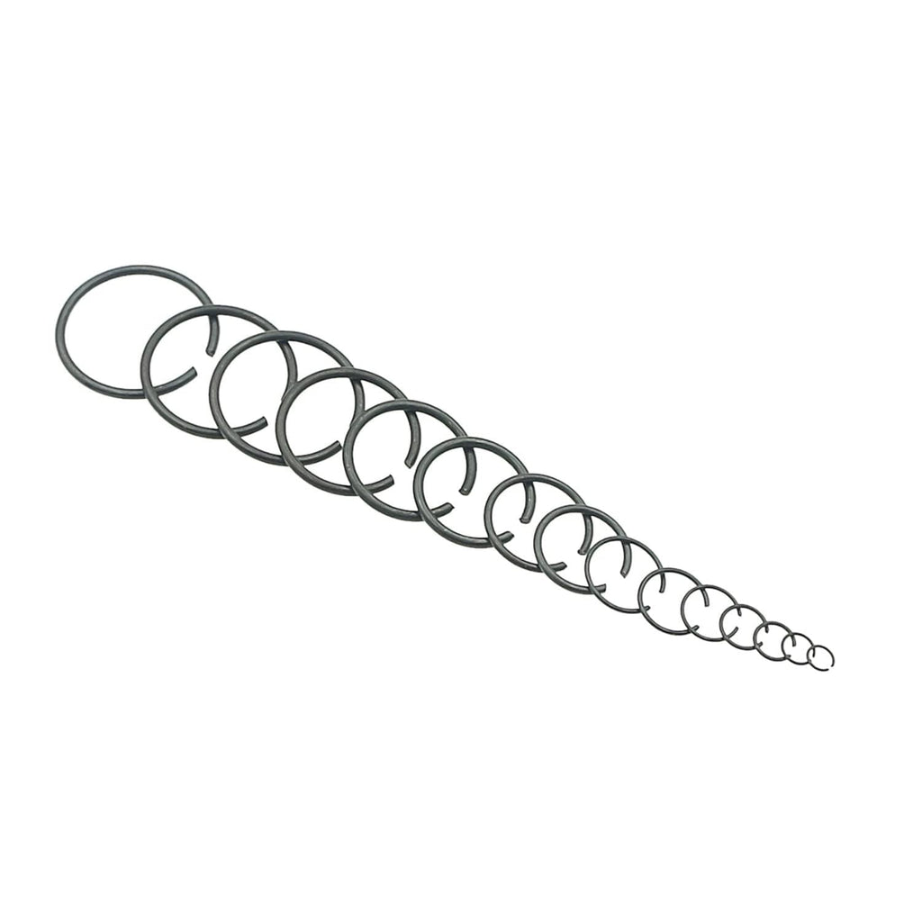 Line of assorted round wire C-clips external retaining rings, dark gray finish