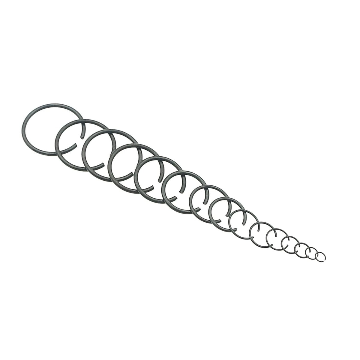 Line of assorted round wire C-clips external retaining rings, dark gray finish
