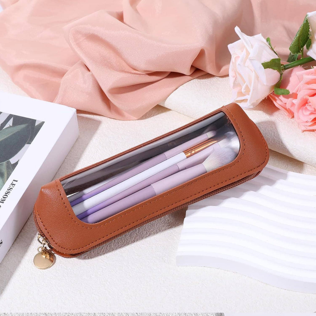 Brown PU mini makeup brush bag with clear window, zipper closure, and brushes inside
