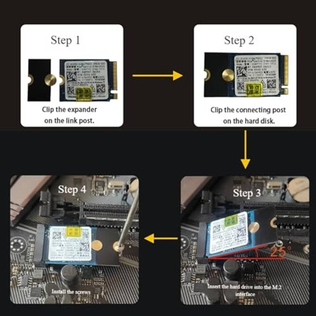 NVMe adapter extender installation guide with step boxes and screw points