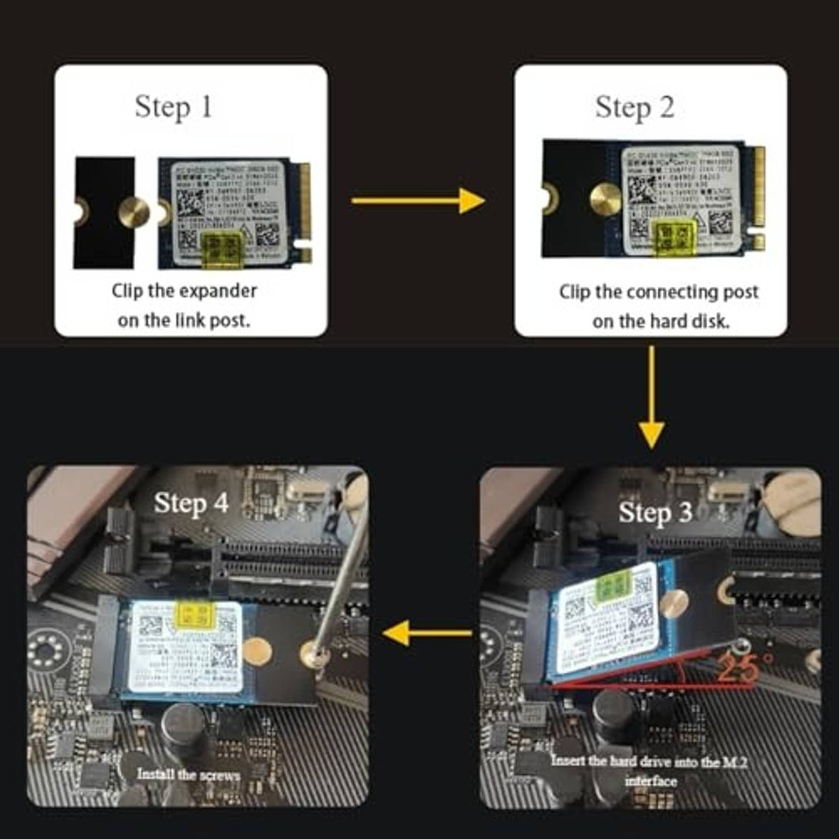 NVMe adapter extender installation guide with step boxes and screw points