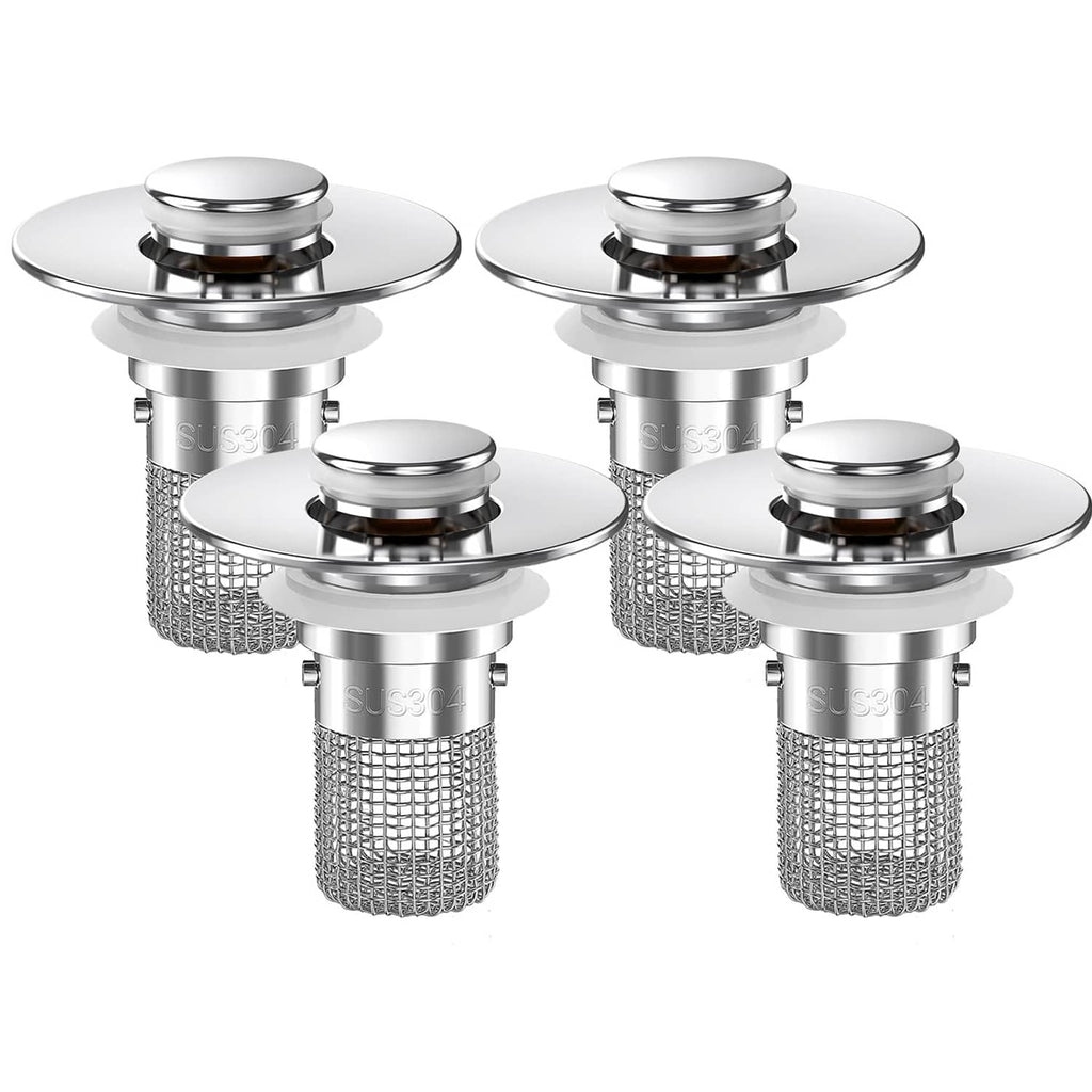 Bathroom sink drain strainer set of 4 with chrome pop-up caps and mesh baskets
