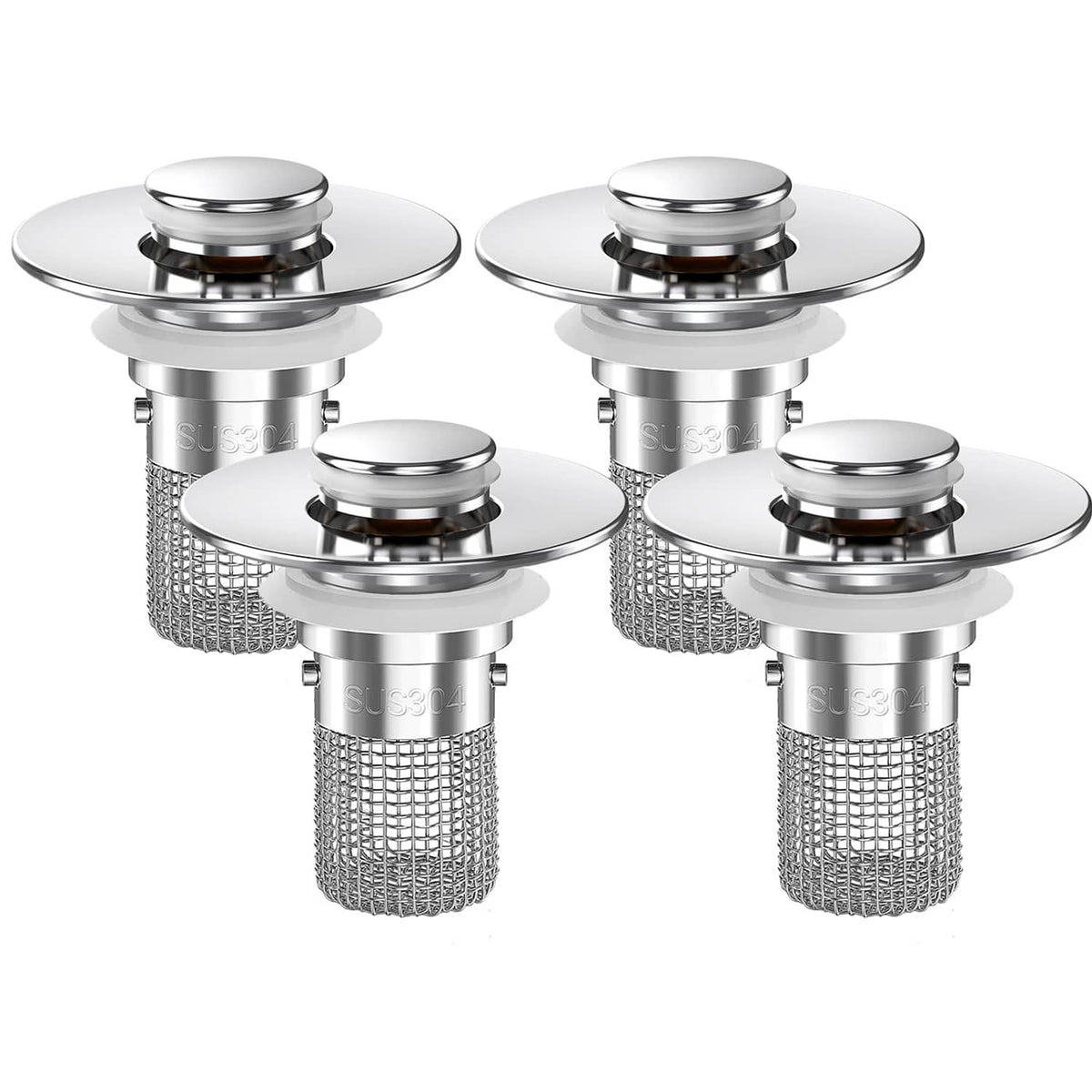 Bathroom sink drain strainer set of 4 with chrome pop-up caps and mesh baskets