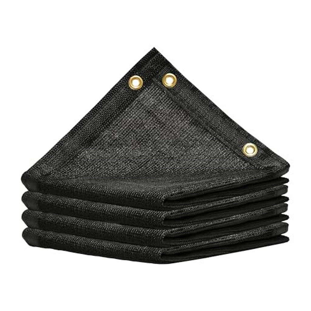 Dark charcoal black shade cloth tarp stack with brass-look corner grommets