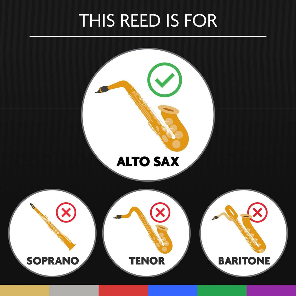 Alto sax reed label with green check mark; soprano, tenor, baritone crossed icons