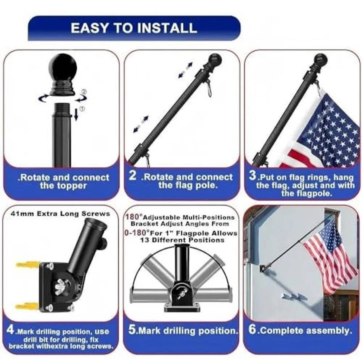 Adjustable rotating flag pole kit with multi-position bracket and long installation screws