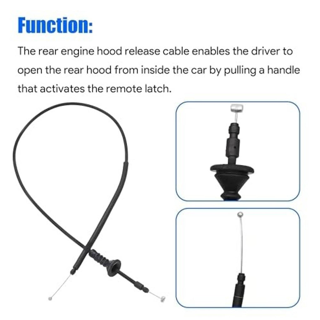 Rear engine hood latch release cable with black wire and handle activation end