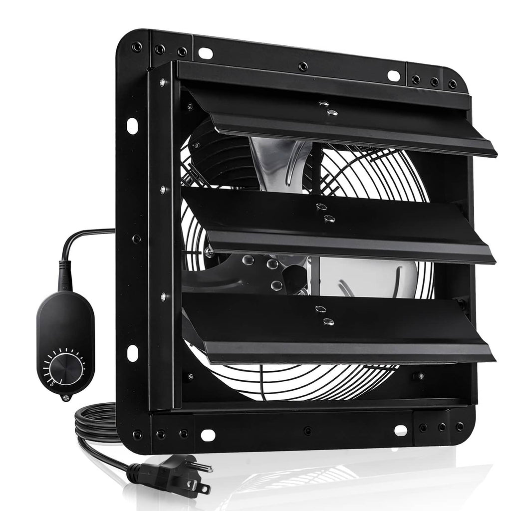 Wall-mount exhaust fan with open shutter housing, visible blades, and speed controller knob