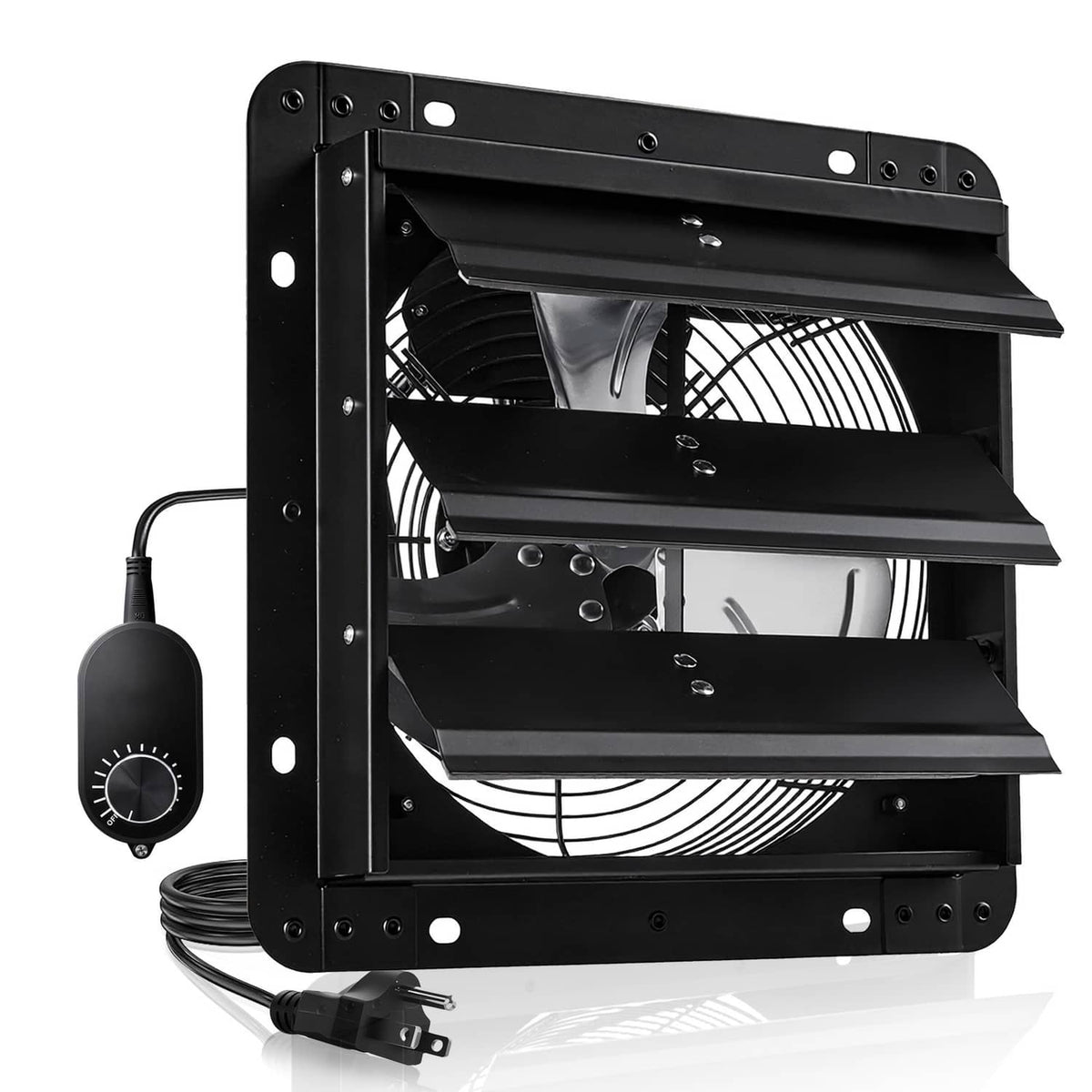 Wall-mount exhaust fan with open shutter housing, visible blades, and speed controller knob