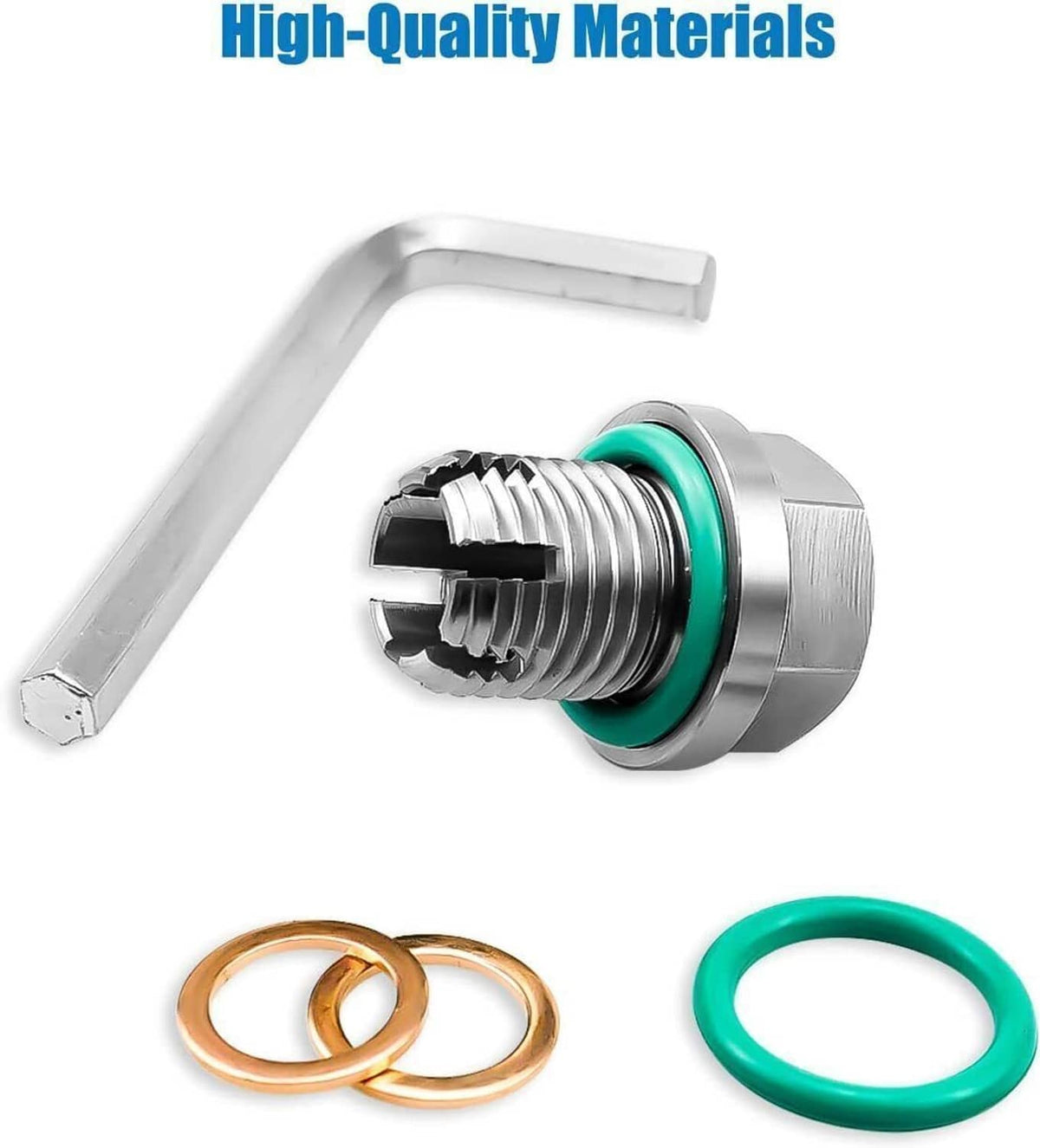 Stainless steel oil drain plug with green seal O-ring and copper sealing rings