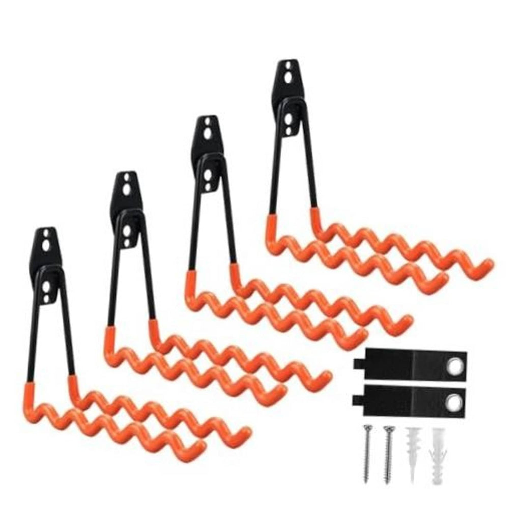 Set of 4 orange wave wall hooks with black steel plates and mounting screws