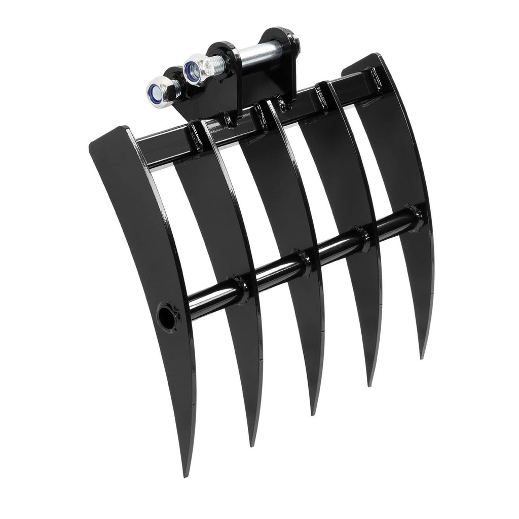 Mini excavator rake attachment with black frame, curved guard, and pointed tines