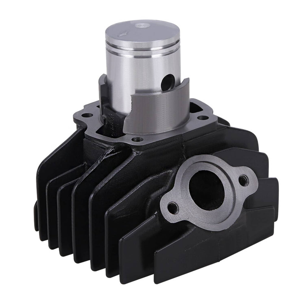 Black cylinder block with silver piston and mounting holes, close-up angle