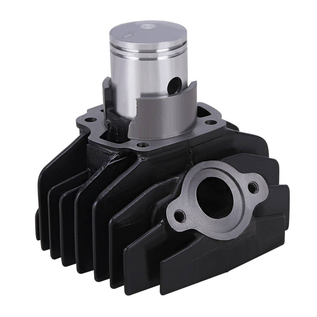 Black cylinder block with silver piston and mounting holes, close-up angle