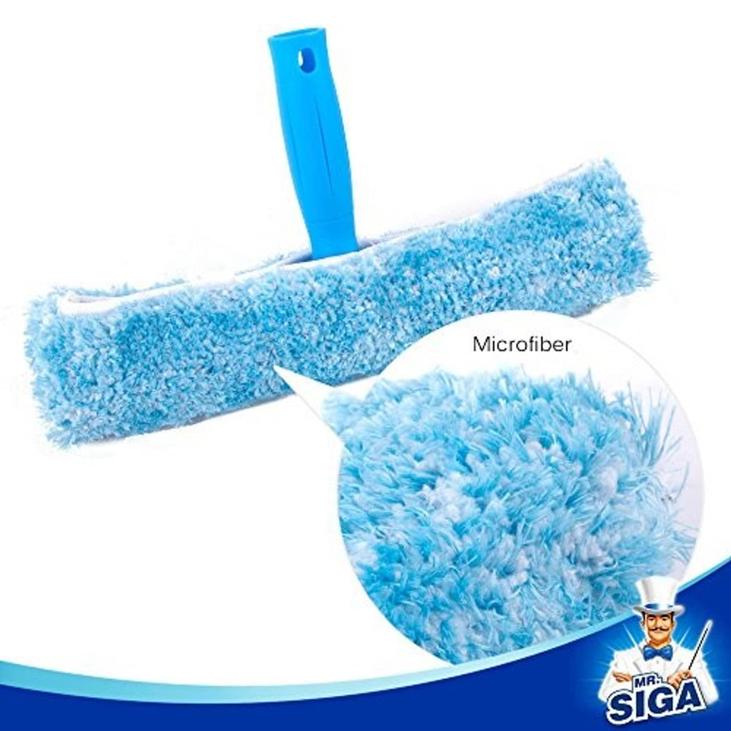 Blue T-handle microfiber window scrubber with dense light-blue pile
