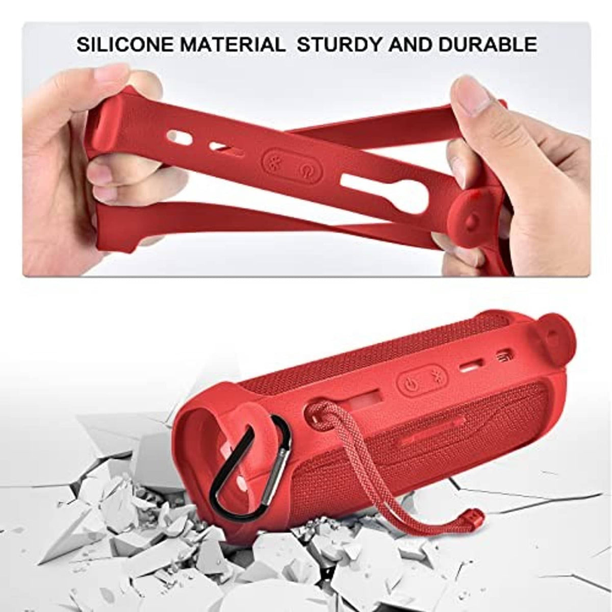 Red silicone case for Bluetooth speaker with durable frame and side button cutouts
